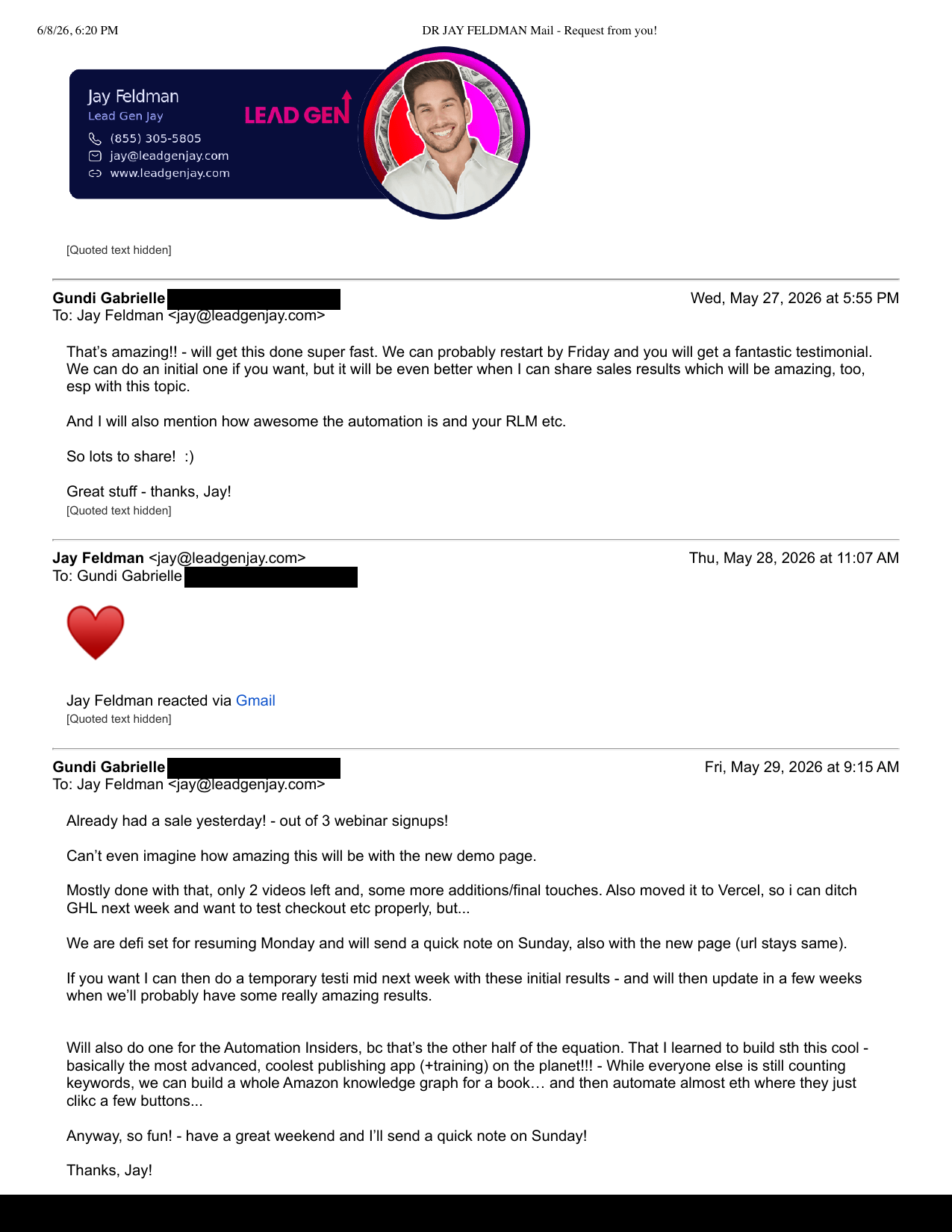 Gundi's email: 'Already had a sale yesterday! - out of 3 webinar signups!'