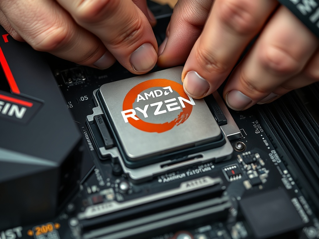 CPU being carefully placed into AM5 motherboard socket with golden triangle alignment