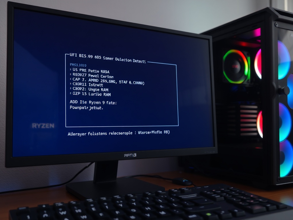 Monitor showing UEFI BIOS screen with AMD Ryzen 9 detected and 128GB RAM