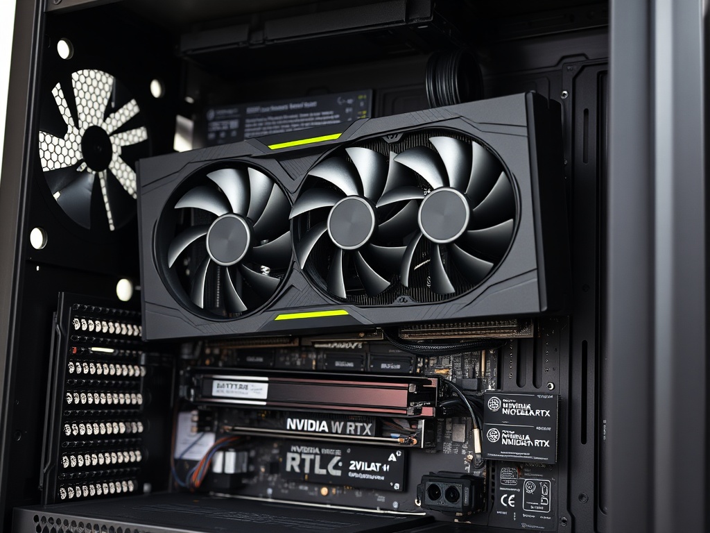 Massive triple-fan RTX 5090 GPU being inserted into PCIe slot