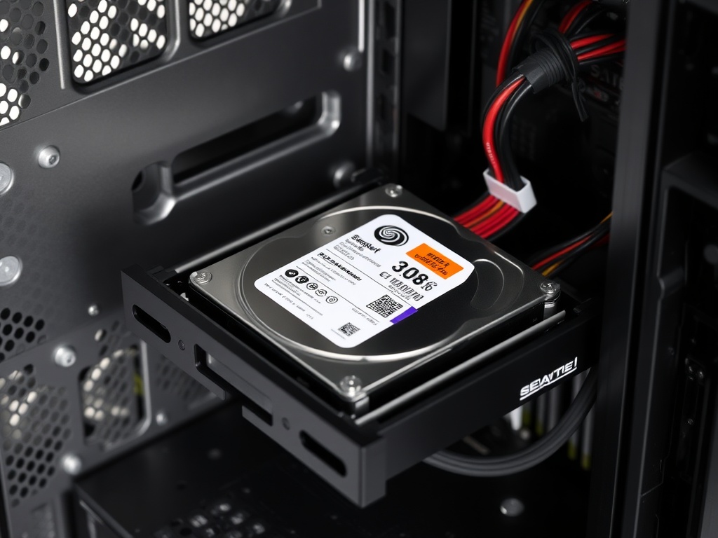 3.5 inch hard drive being mounted into drive tray with SATA cables