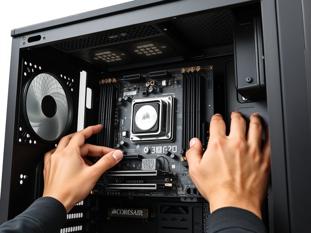 Motherboard being carefully lowered into full-tower PC case