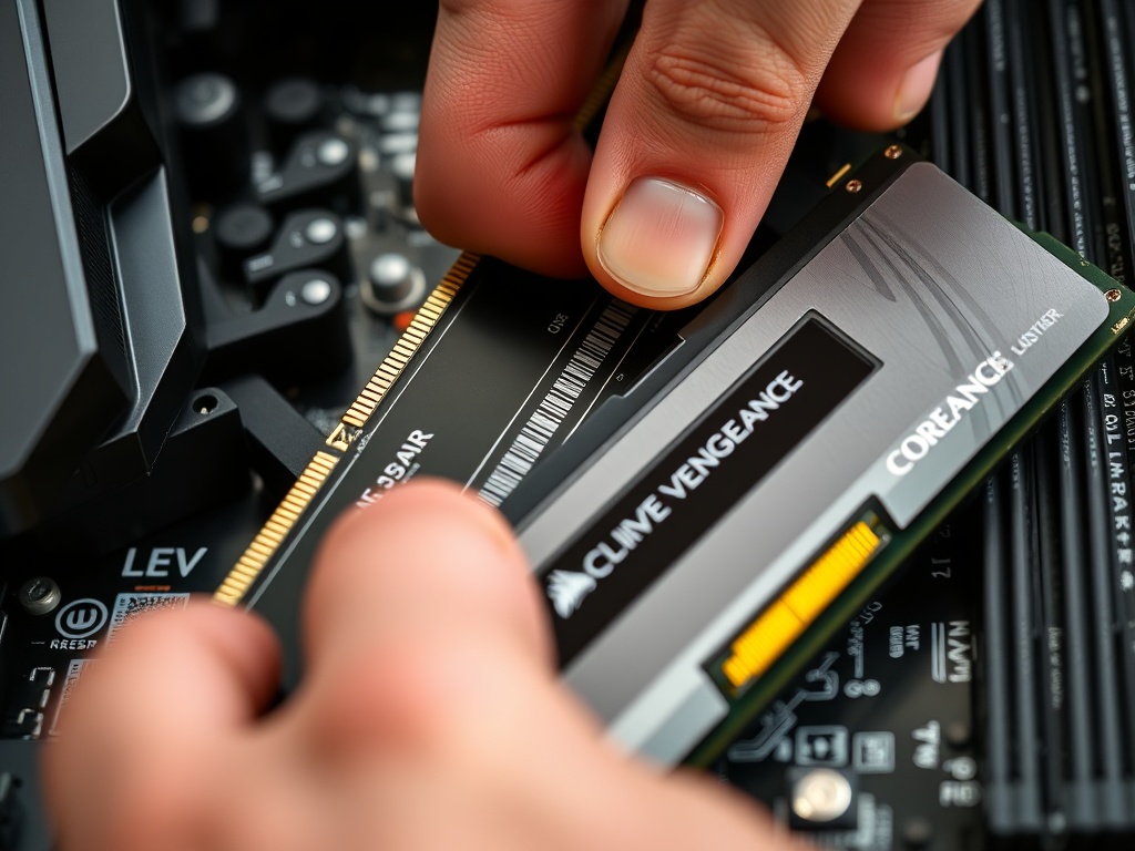 DDR5 RAM sticks being pushed into motherboard DIMM slots