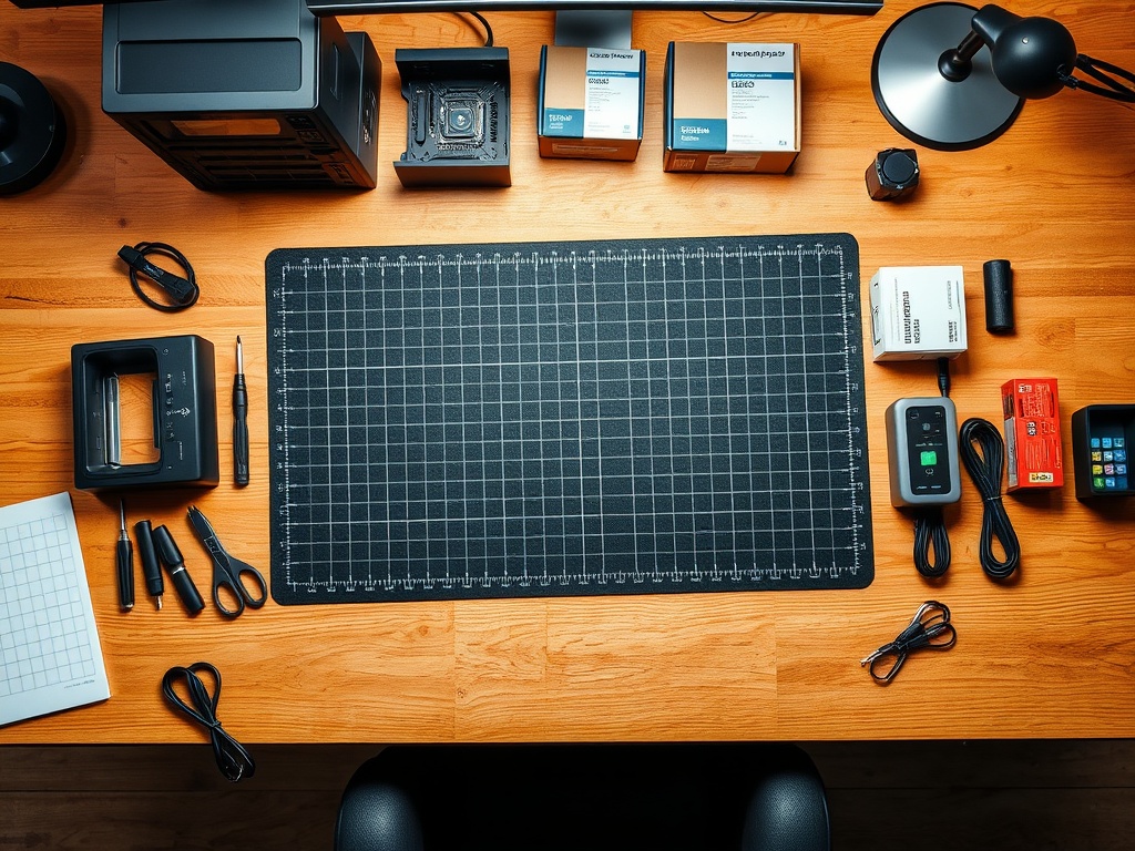 Clean organized PC building workspace with tools and components laid out